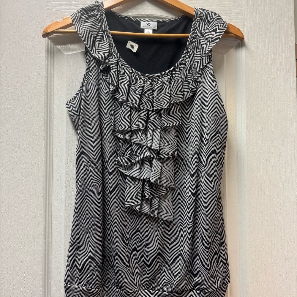Worthington Black and White Chevron Ruffle Blouse